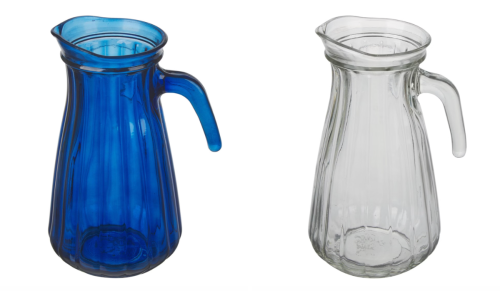blue and clear glass water pitchers
