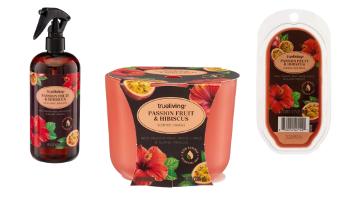 passion fruit and hibiscus candle, wax melts, and room spray