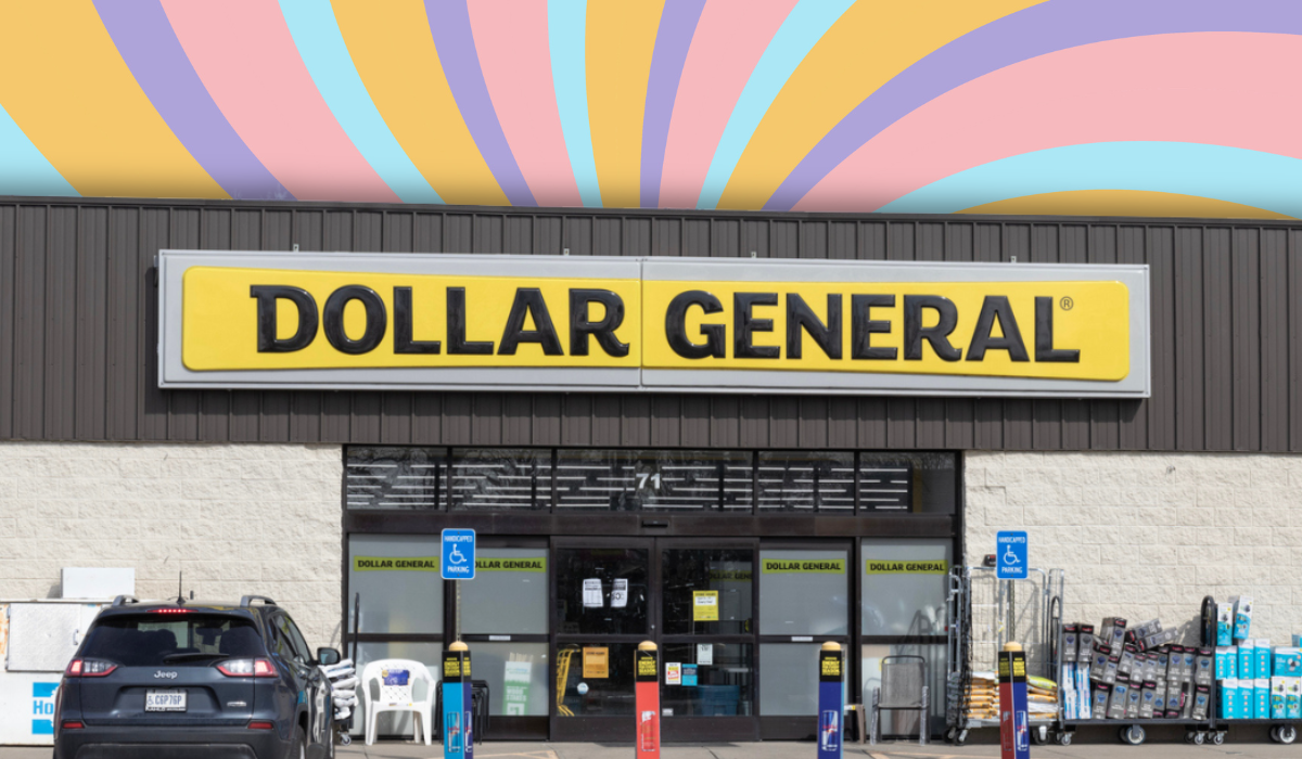 Dollar General store with a pastel swirl background