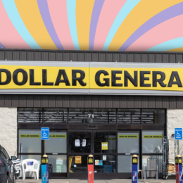 Dollar General store with a pastel swirl background