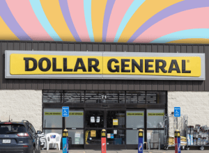Dollar General store with a pastel swirl background