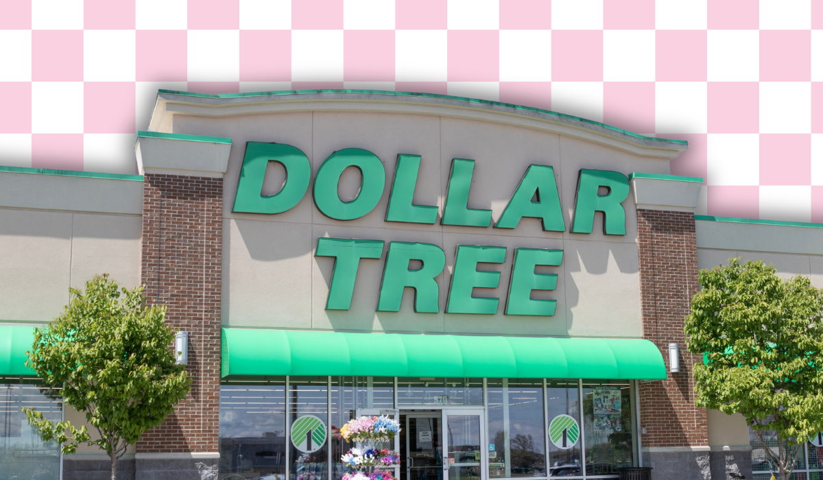 Dollar Tree store with a pink checkerboard background