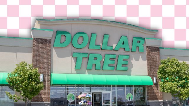 Dollar Tree store with a pink checkerboard background