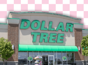 Dollar Tree store with a pink checkerboard background
