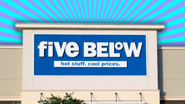 Five Below store with an aqua and purple striped background