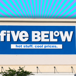 Five Below store with an aqua and purple striped background