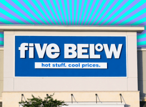 Five Below store with an aqua and purple striped background