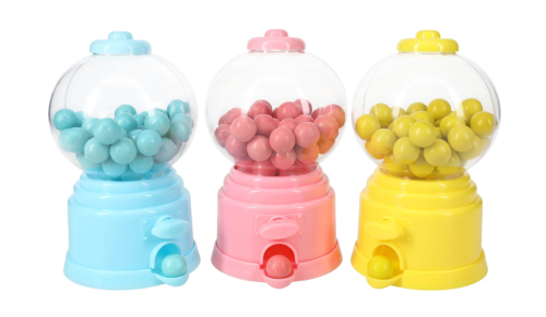blue, pink and yellow mini gumball machines