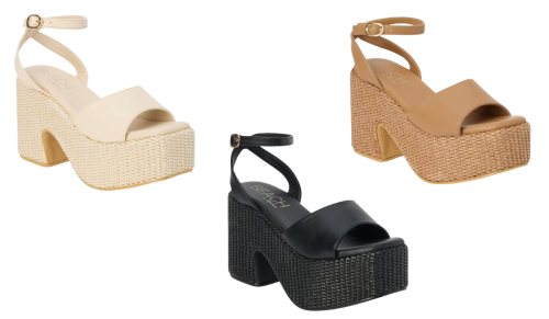 beige, black, and camel woven platform sandals