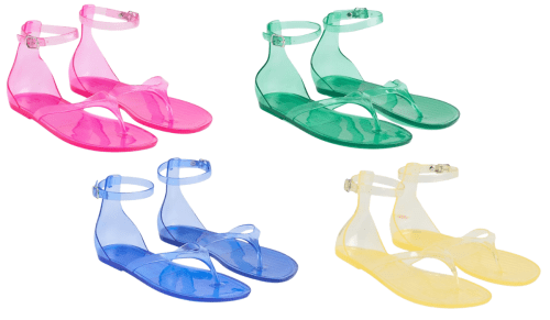 pink, blue, green, and yellow jelly thong sandals