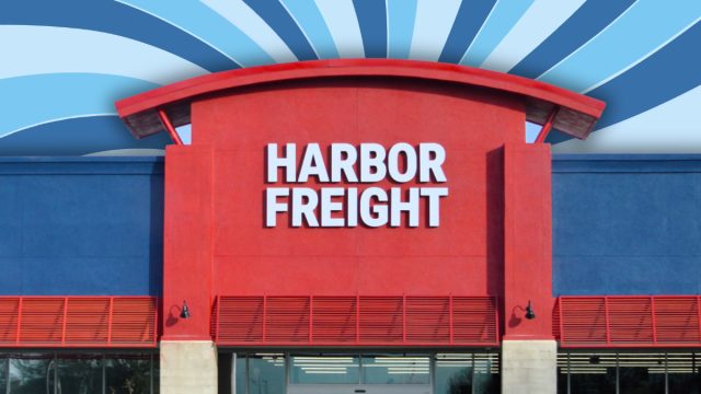 Harbor Freight store with a blue swirl background