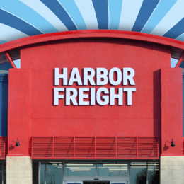 Harbor Freight store with a blue swirl background