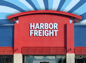 Harbor Freight store with a blue swirl background