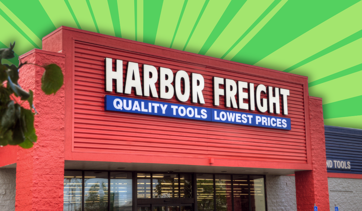 Harbor Freight store with a green burst background