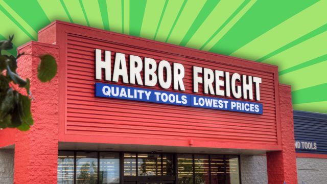Harbor Freight store with a green burst background