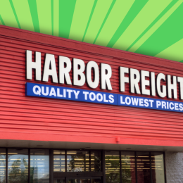 Harbor Freight store with a green burst background