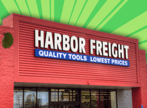 Harbor Freight store with a green burst background