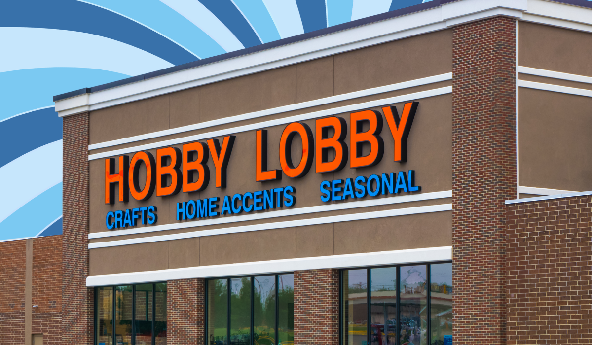 Hobby Lobby store with a blue swirl background