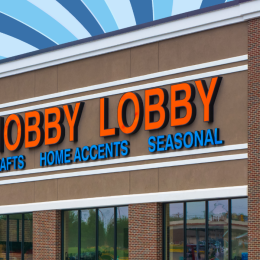 Hobby Lobby store with a blue swirl background