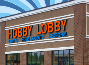 Hobby Lobby store with a blue swirl background