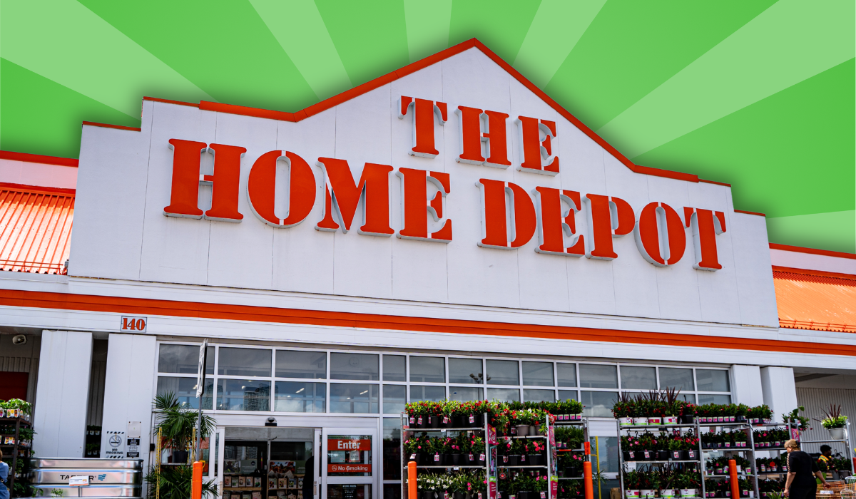 Home Depot store with a green burst background