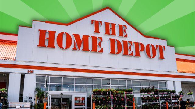 Home Depot store with a green burst background