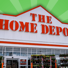 Home Depot store with a green burst background