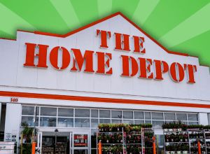 Home Depot store with a green burst background