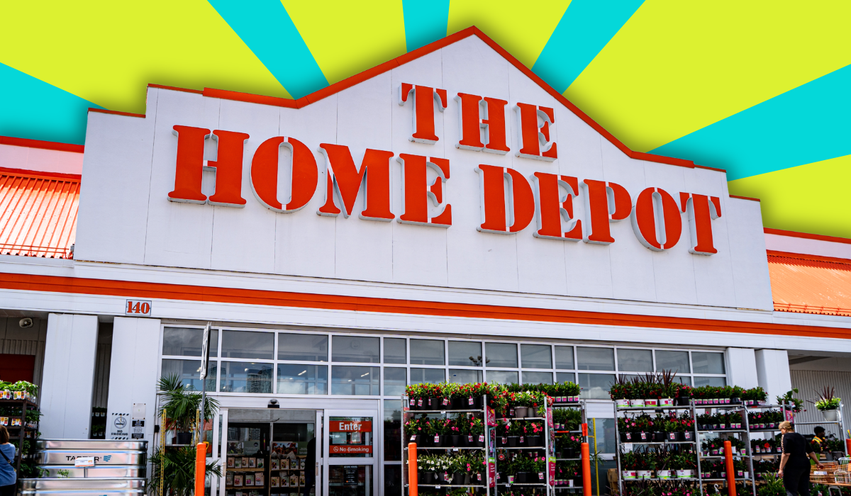 Home Depot store with a lime green and teal striped background