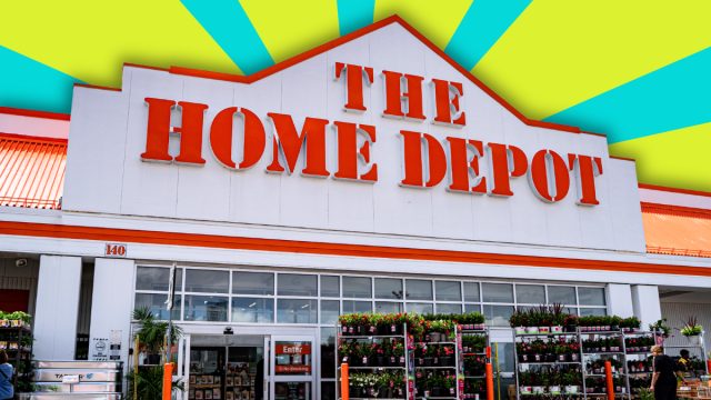 Home Depot store with a lime green and teal striped background