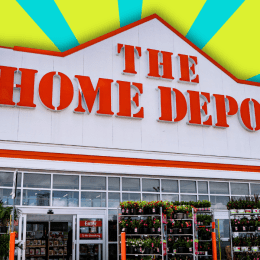 Home Depot store with a lime green and teal striped background