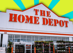 Home Depot store with a lime green and teal striped background