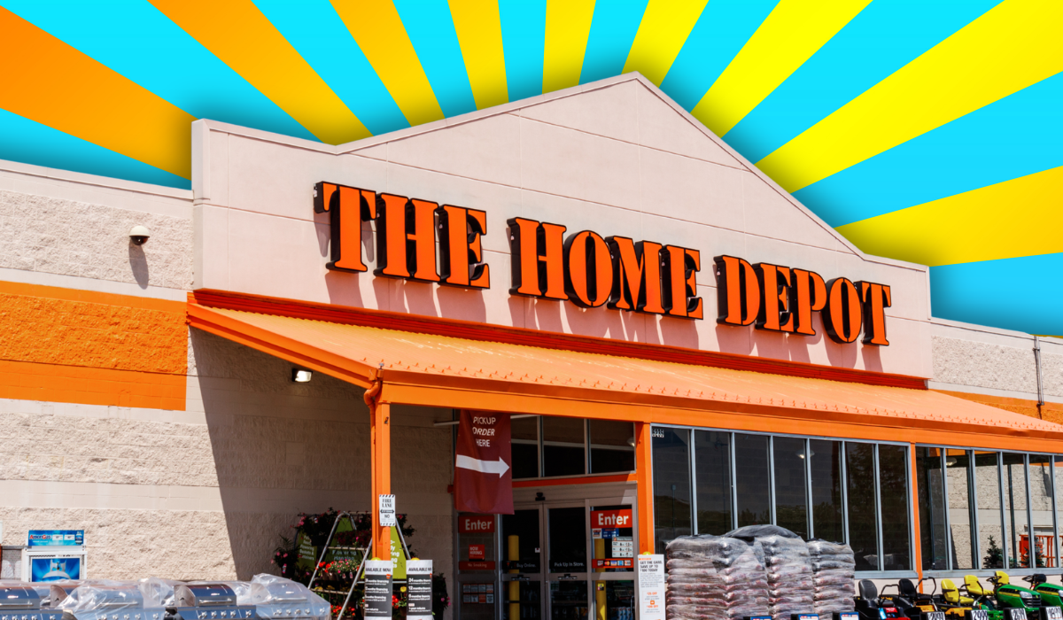 Home Depot store with a teal and yellow background