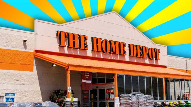 Home Depot store with a teal and yellow background