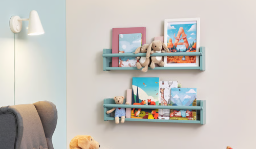 blue shelves on nursery wall