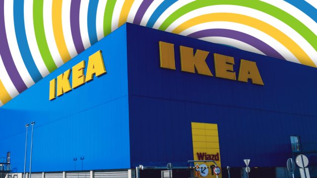 IKEA store with a colorful swirl background