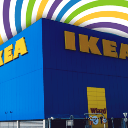 IKEA store with a colorful swirl background