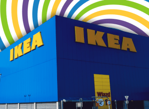 IKEA store with a colorful swirl background