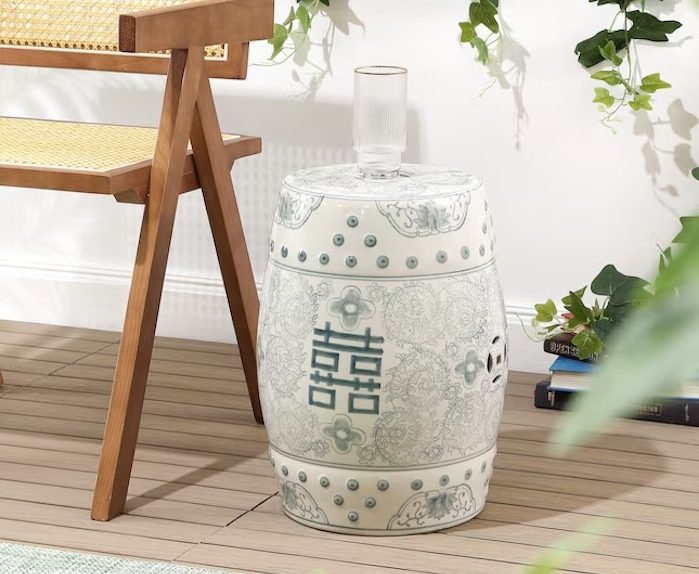 JONATHAN Y Chinoiserie Bohemian Coastal Ceramic Barrel Garden Stool