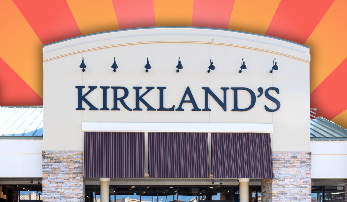 Kirkland's Home store with an orange and peach striped background