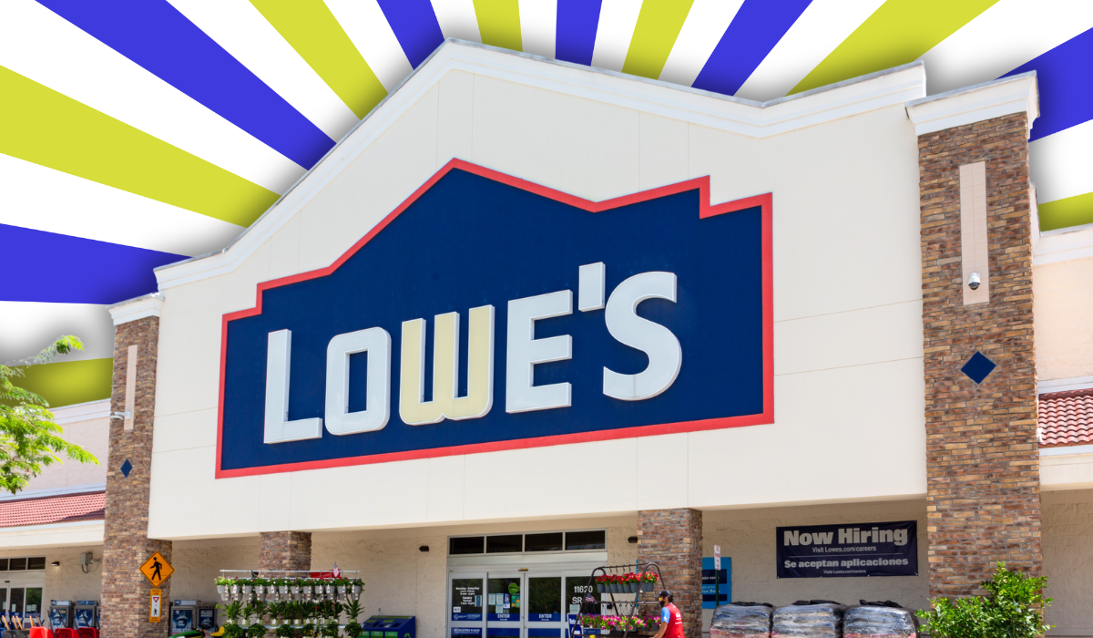 Lowe's store with a bright blue and green striped background