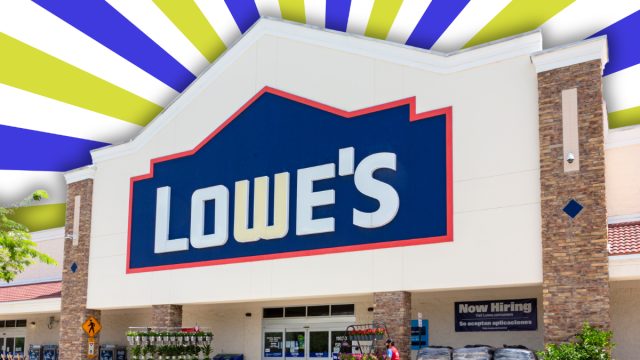 Lowe's store with a bright blue and green striped background