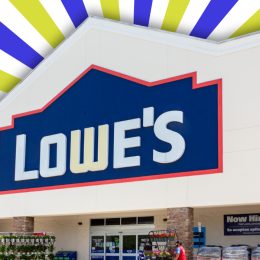 Lowe's store with a bright blue and green striped background