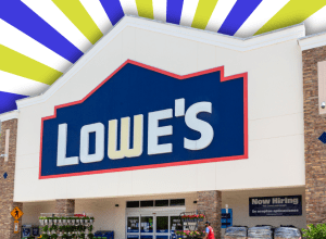 Lowe's store with a bright blue and green striped background