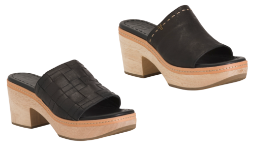 black chunky slide-on heels with a wood base