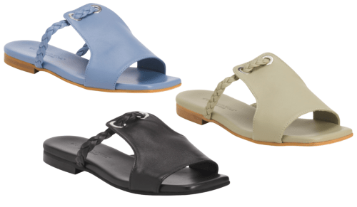 black, light green, and gray-blue leather sandals