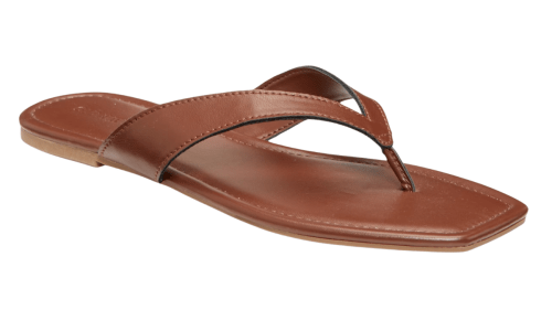 brown faux leather square-toe flip flops
