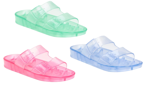 light pink, light green, and light blue buckle jelly slides