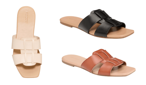 cream, black, and brown faux leather slides