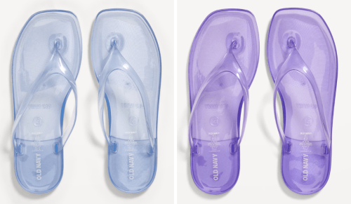 light blue and light purple jelly flip flops